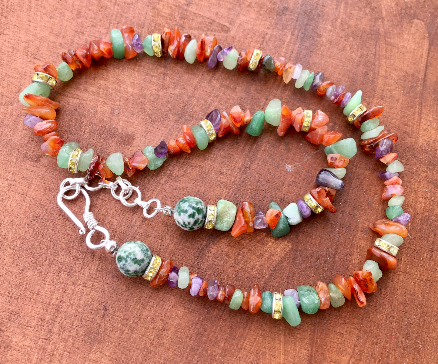 Experience the essence of nature’s balance and serenity with this gorgeous necklace,featuring carnelian,moss agate,Jade, amethyst,Amazonite and larimar. These crystaNecklacesSpectakEarthy Sanctuary