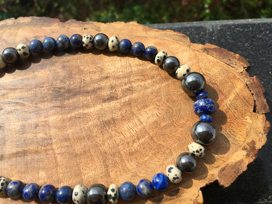 Embody the powerful energies of Hematite, Lapis lazuli and Dalmatian Jasper with this amazing necklace.
Hematite grounds, protects and promotes inner strength and peNecklacesSpectakMindful Warrior