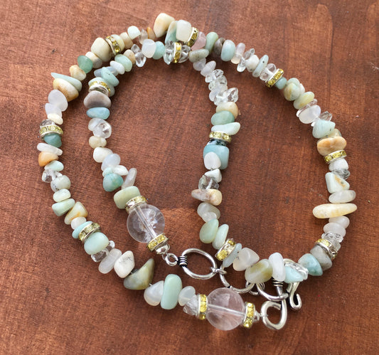 Dive into tranquility with our Amazonite, Clear Quartz and Larimar necklace. Amazonite’s soothing blue-green hues evoke a flowing river, while larimars celestial bluNecklacesSpectakAzure Dreams